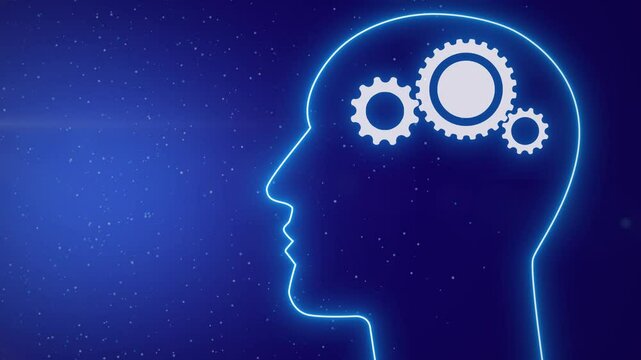 Animation of mechanical clockwork gear wheel working inside brain human head, artificial intelligence interaction with creativity and science for futuristic application