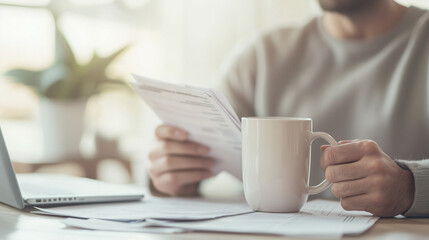 Stressed Person Organizing Tax Papers with Coffee Mug