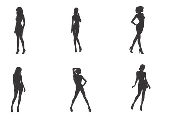 A collection of stylish female silhouettes, each captured in different elegant poses, portraying various fashion styles.