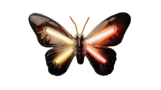 Vibrant neon butterfly sign for spring-themed digital designs in multicolor lighting - transparent background png