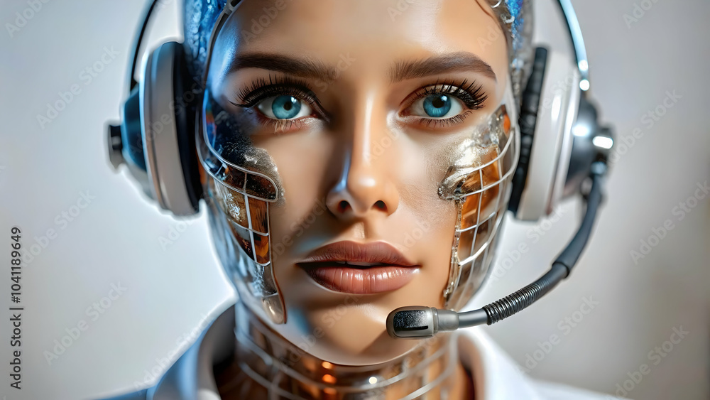 Poster close up of ai hologram from customer support headset macro image futuristic ai integration customer