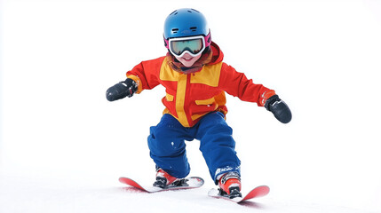 A child in a bright red and yellow winter suit, blue pants, and helmet snowboarding on a white background