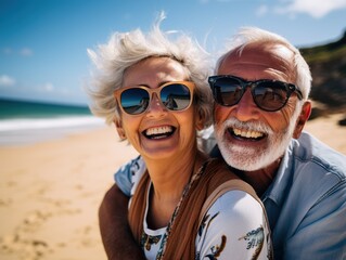 happy seniors couple in beach senior man and woman old retired couple relaxing by the sea on sunny day.