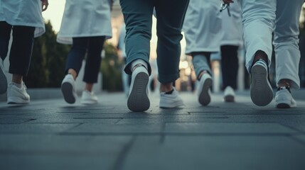 Close-up of the group of doctorsa?? feet, walking away together in medical shoes.