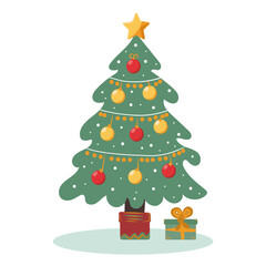 Christmas tree with garlands, balls and toys. Vector Christmas tree in flat style on white background.