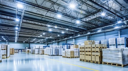 A modern warehouse packed with precisely organized pallets and boxes under bright LED lighting, Reflecting the efficiency of contemporary storage solutions, photography style