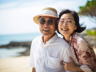Obraz premium happy asian seniors couple in beach senior man and woman old retired couple relaxing by the Asia sea on sunny day.