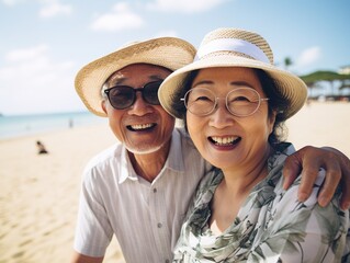 happy asian seniors couple in beach senior man and woman old retired couple relaxing by the Asia sea on sunny day.