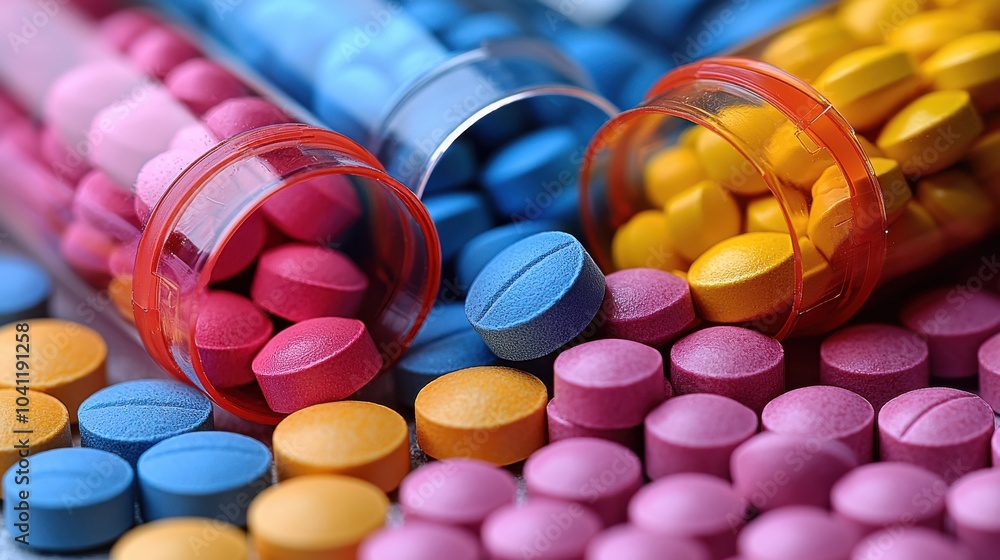 Poster colorful array of prescription tablets spilling from containers on a smooth surface