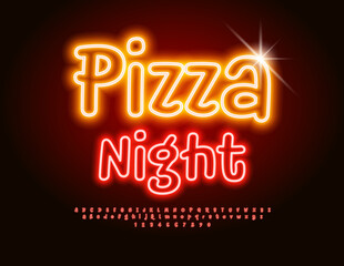 Vector neon banner Pizza Night. Funny Glowing Font. Electric Red Alphabet Letters and Numbers set.