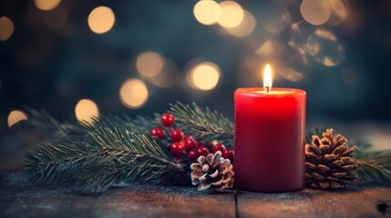 Cozy Candle with Festive Elements and Soft Background