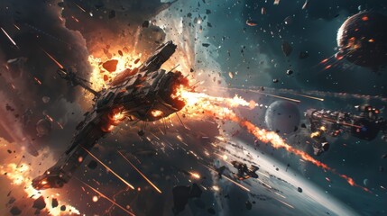 robots fight with monsters in destroyed space, background explosions due to battle, realistic effects 