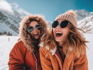 happy Friends enjoying snow on background of mountains. having fun spending winter vacation in mountains Travel in winter