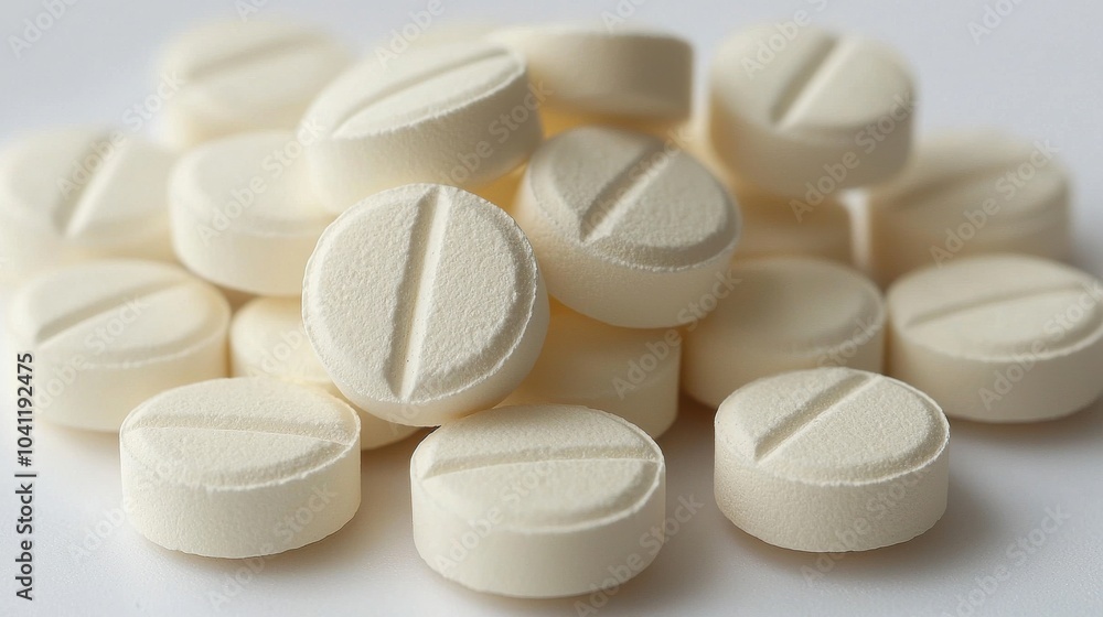 Poster close-up of several white tablets arranged on a flat surface in a bright setting, showcasing their c