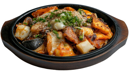 Korean pajeon pancake with vegetables and seafood in black skillet for culinary arts and food blogs - transparent background png