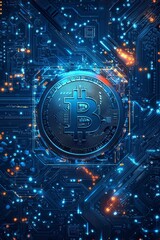 A Bitcoin Coin Embedded in a Glowing Circuit Board