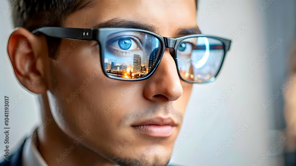 Poster ai code reflection in customer support agent glasses | macro shot | human element in ai customer ser