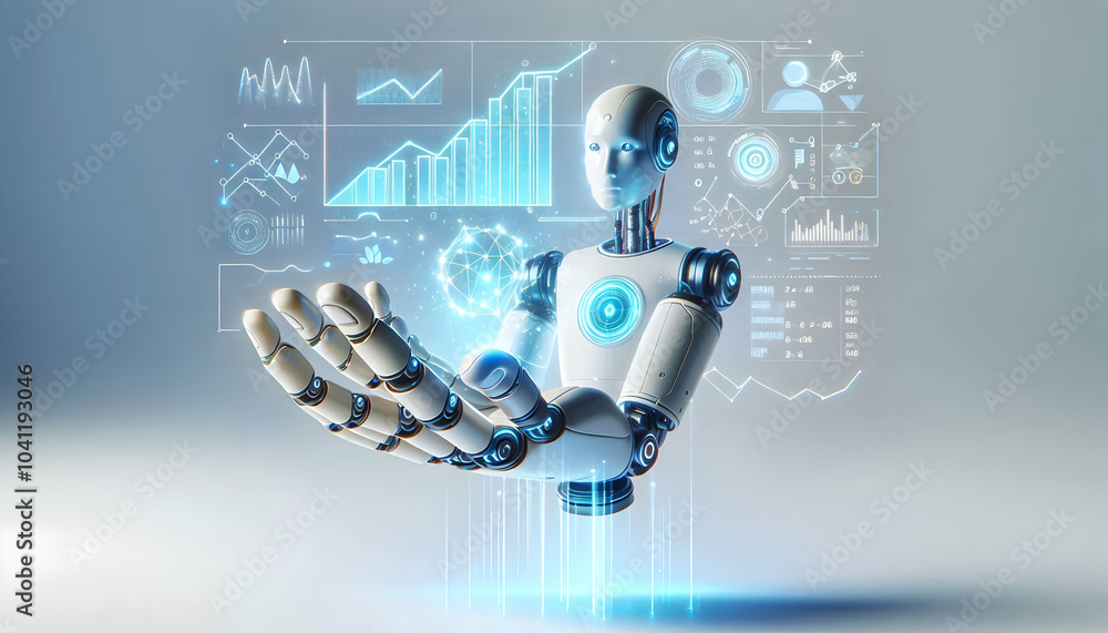 Poster 3d floating ai robot hand with holographic interface and glowing growth charts in air | advanced tec