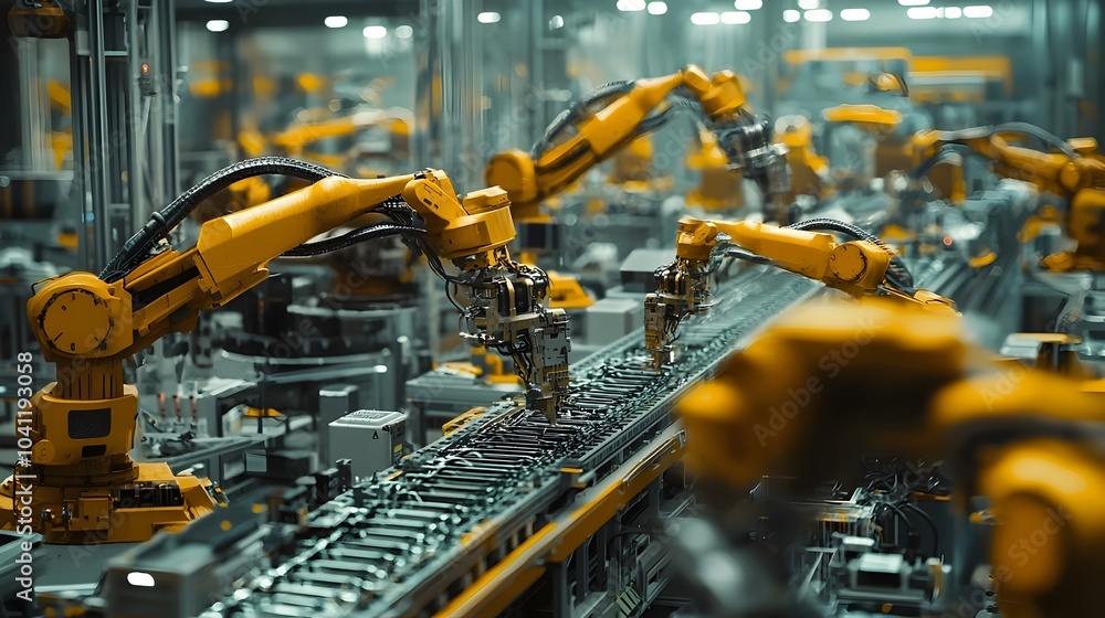 Aufkleber automated factory floor with robotic arms assembling parts on conveyor belt
