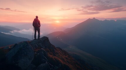 Fototapeta premium Hiker Enjoys the Majestic Sunrise from the Peak of a Mountain Symbolizing the Rewards of Early Morning Adventures