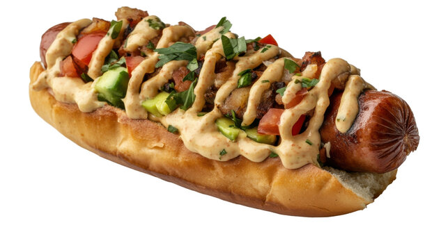 Chilean completo hotdog with fresh toppings for culinary enthusiasts and food photography - transparent background png