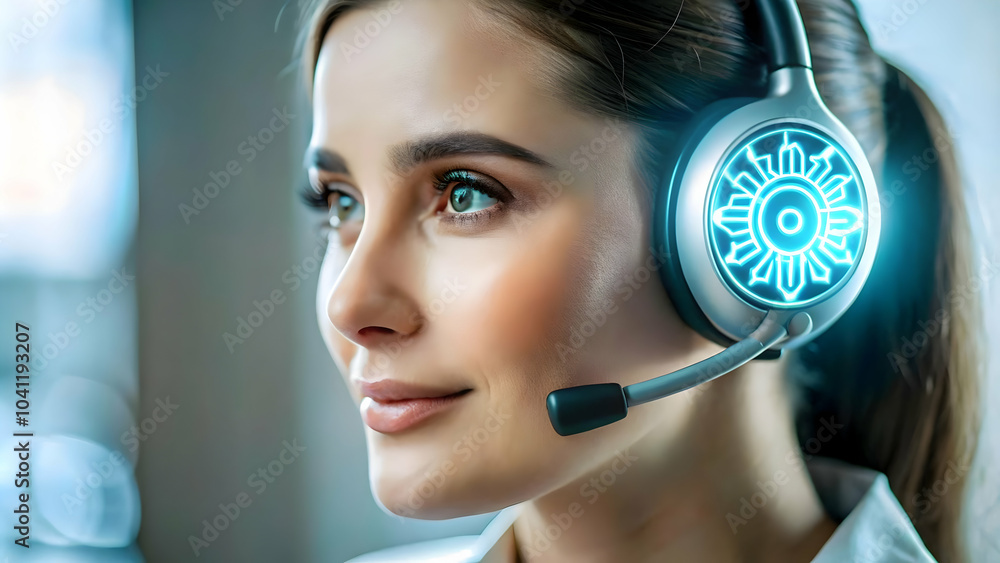 Poster close up headset ai symbol glowing macro shot customer support integration ai services ample copy sp