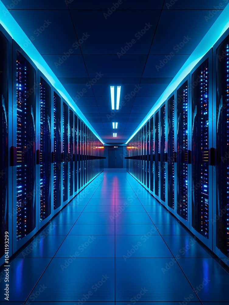 Poster rows of illuminated servers in a modern data center symbolizing digital backbone