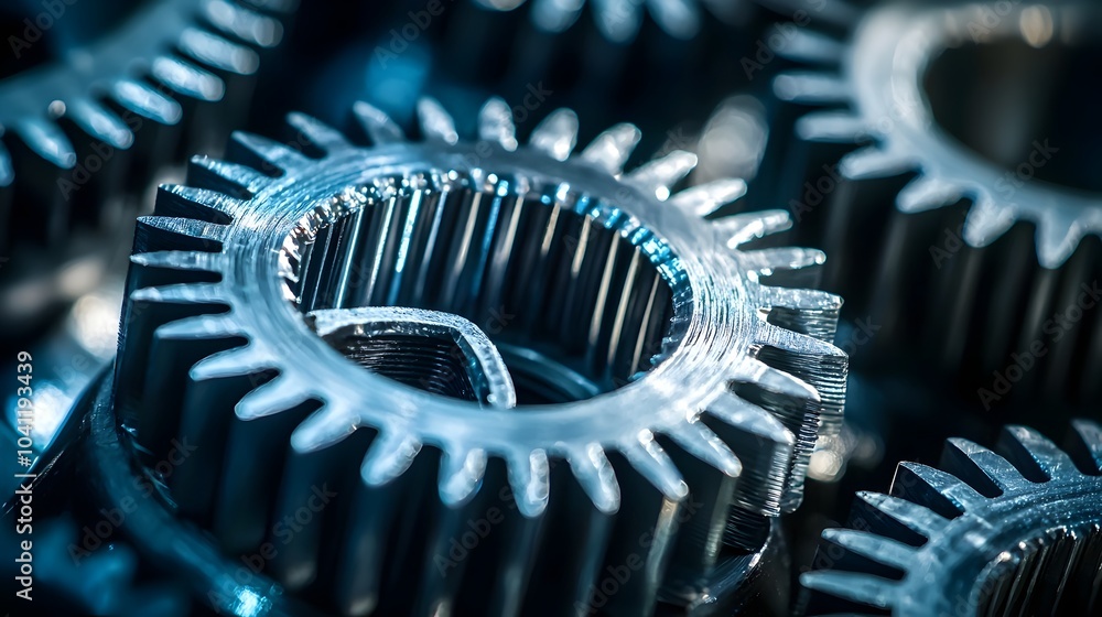 Poster precision engineered gears meshing together in intricate mechanical system
