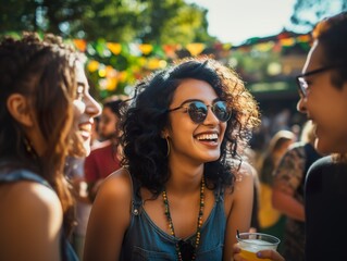 Diversity Friends enjoying party having fun at vineyard place during sunset at open air picnic.good time during a party