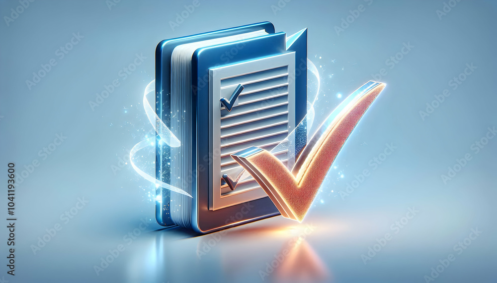 Poster 3d floating checkmark glowing document icon task completion productivity innovation project manageme