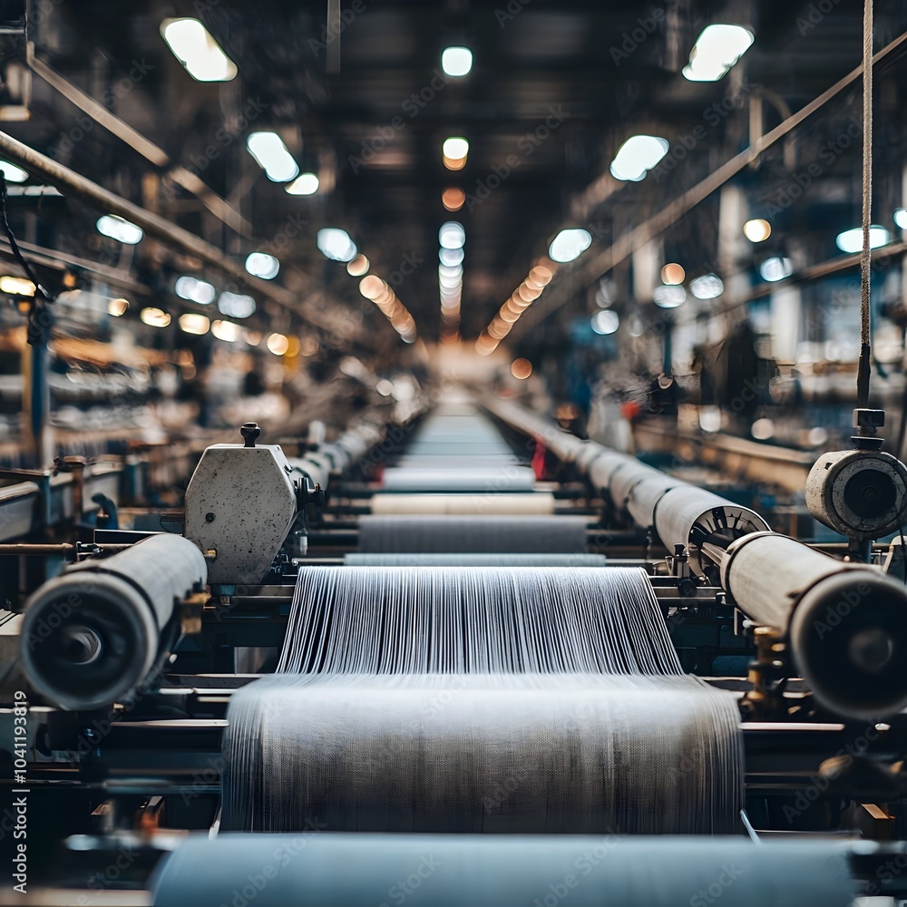 Poster intricate textile factory with rows of weaving machines symbolizing the detailed industry
