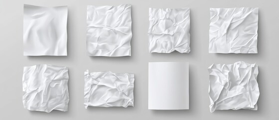 Crumpled White Paper Mockups. Realistic Vector Illustrations of Wrinkled Designs