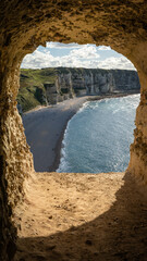 the panda's eye of the famous chalk cliffs of Étretat. Panorama of the cliffs, Normandy in France in September 2024