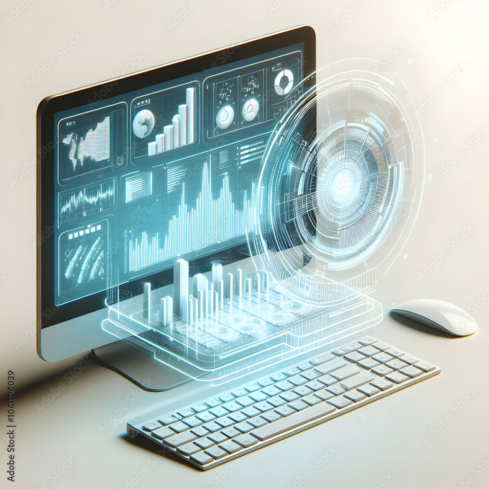 Aufkleber 3d holographic desktop floating data visualization glossy computer holographic charts glowing keyboa