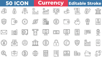 Currency icon collection set. Conaiting Money Bag, Investment, Profit, Treasury, Gold, Bank, Money, Money Machine, And More. Editable stroke outline icon.