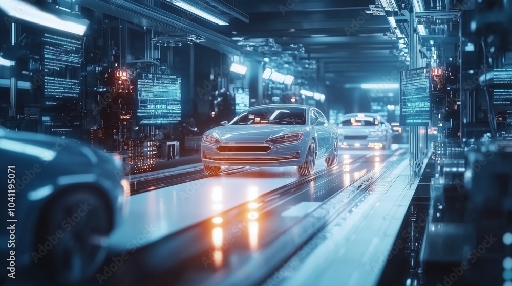 Poster futuristic car factory with automated assembly line and glowing technology