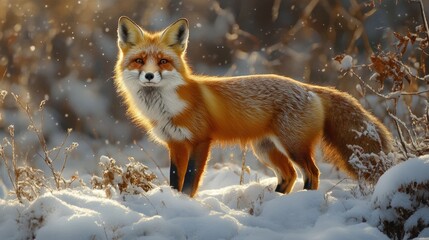 Obraz premium A red fox standing in a snowy landscape, surrounded by nature.