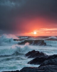 Fototapeta premium Dramatic Sunset Over Rough Sea with Crashing Waves.