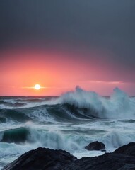 Obraz premium Dramatic Sunset Over Rough Sea with Crashing Waves.