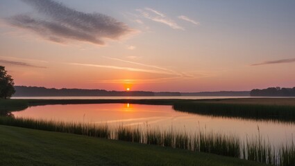 Obraz premium Dramatic Sunset Over a Grassy Field with Water Reflections.