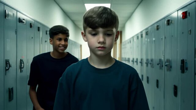 A serious 16-year-old white boy walks confidently down a school hallway with lockers, carrying a skateboard, dolly zoom out, three-point lighting
