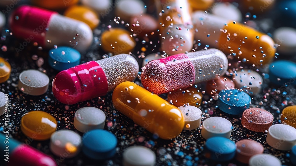 Poster colorful assortment of various pills and capsules scattered on a dark surface with sparkling particl