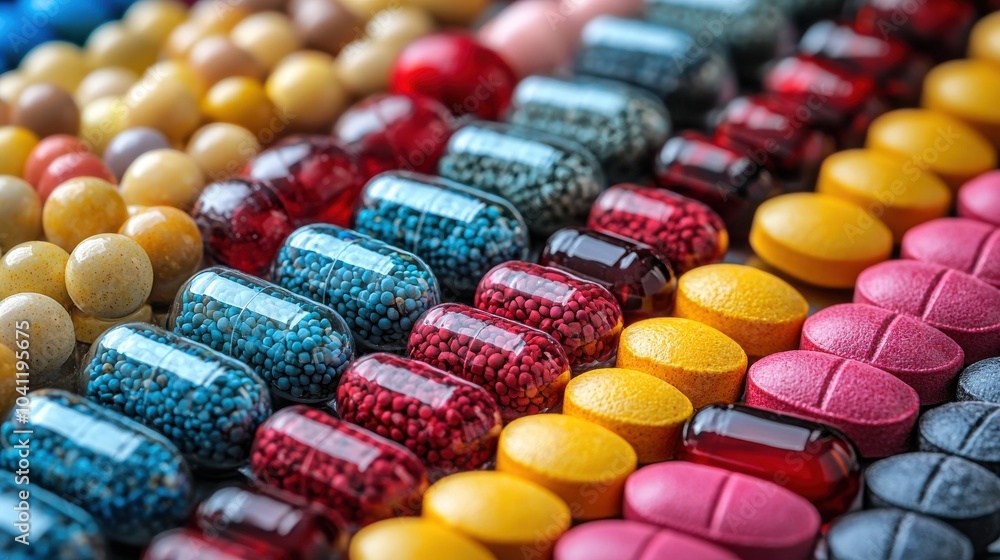 Poster a vibrant assortment of colorful pills and capsules displayed in an organized pattern on a surface