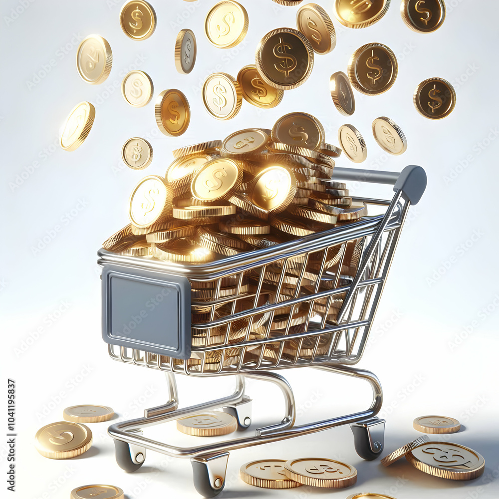 Poster 3d glossy coins cascading shopping cart close up shiny coins falling minimalist cart plain white bac