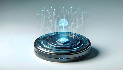 3D Futuristic Podium Floating AI Circuit Growth Arrows Skill Building Digital Technologies Ample Copy Space Tech Ads 3D Icon Isolated White Background