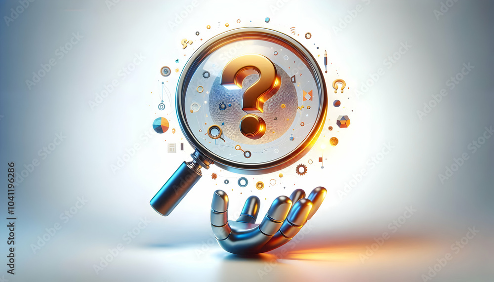 Poster 3d magnifying glass with glowing question mark for research and problem solving: concept icon for di