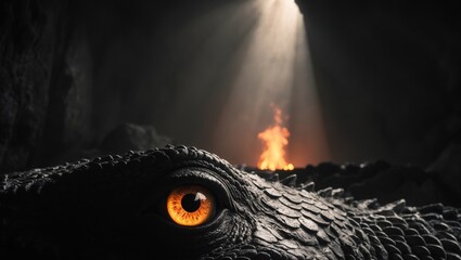 Fiery eye of a mythical beast in a dark cave.