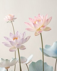 Obraz premium Delicate Watercolor Lotus Flowers in Soft Hues on Pale Backdrop.