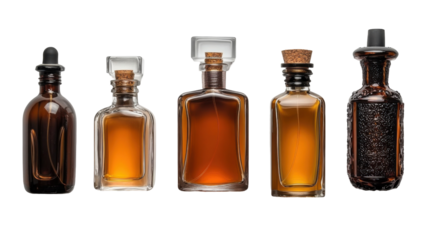 Elegant glass bottles with cork and dropper caps for luxury packaging design - transparent background png