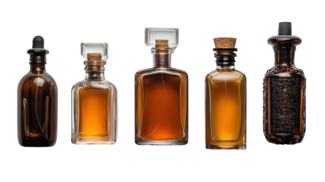 Elegant glass bottles with cork and dropper caps for luxury packaging design - transparent background png
